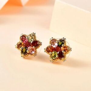 Multi Tourmaline, White Zircon Floral Stud Earrings. NWT